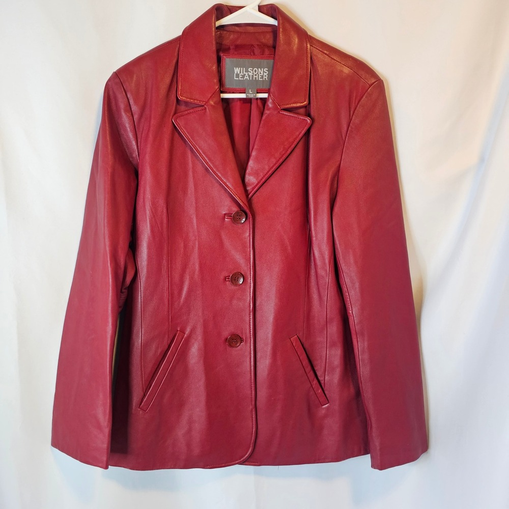 Wilsons Leather Jacket Womens Large Red 3-Button Leather Blazer Mob Wife Goth